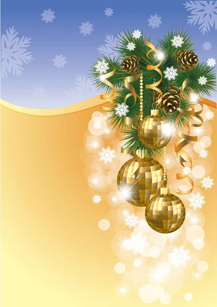 Banner de Navidad de invierno con bolas de oro — Vector de stock