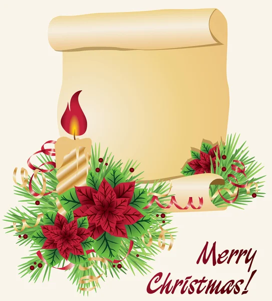 Weihnachten Hintergrund mit Kerze und Schriftrolle — Stockvektor