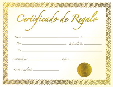 Spanish - Gold Gift Certificate with golden seal and design border. clipart