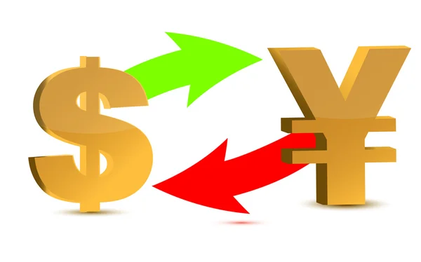 Währungswechsel. Dollar und Yen isoliert auf weißem Hintergrund. — Stockfoto