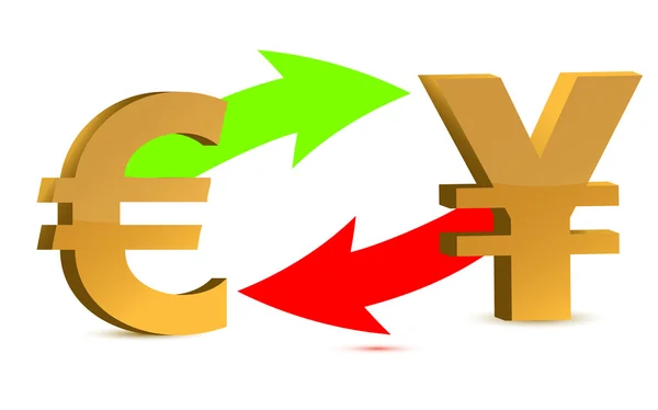 Währungswechsel. Euro und Yen isoliert auf weißem Hintergrund. — Stockfoto