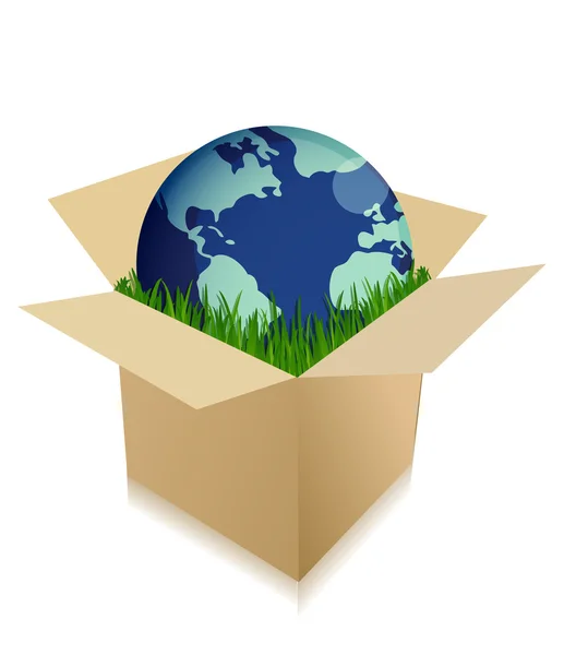 Globus in einer Versandbox mit Gras — Stockfoto