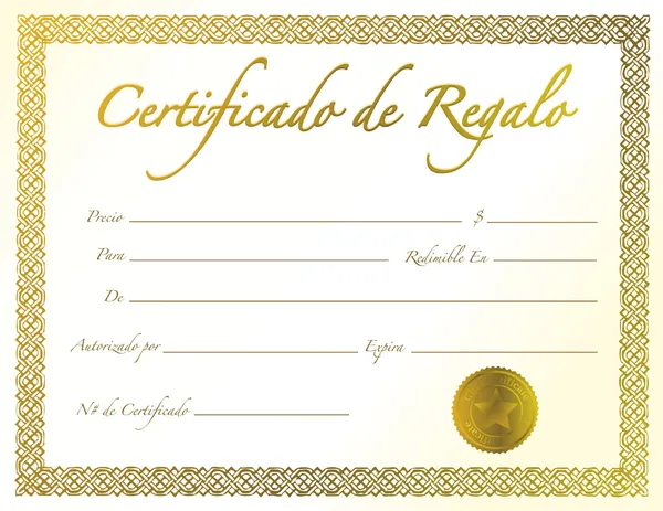 Spanish - Gold Gift Certificate with golden seal and design border. — Stock Photo, Image