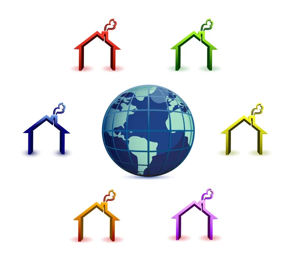 Colored houses around earth on white background — Stock Photo, Image
