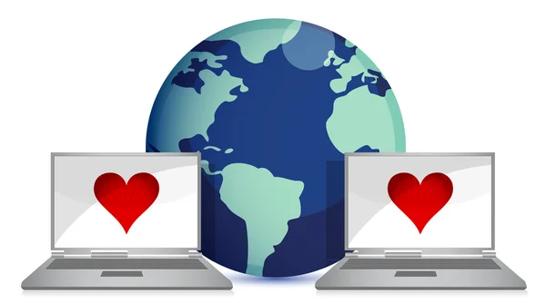 Two connected laptops and earth at background — Stock Photo, Image