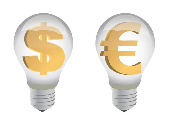 欧元和美元符号在灯泡插画设计 — 图库照片