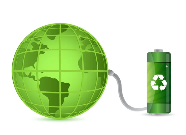 Grüne Batterie mit Erdkugel isoliert auf weißem Hintergrund — Stockfoto