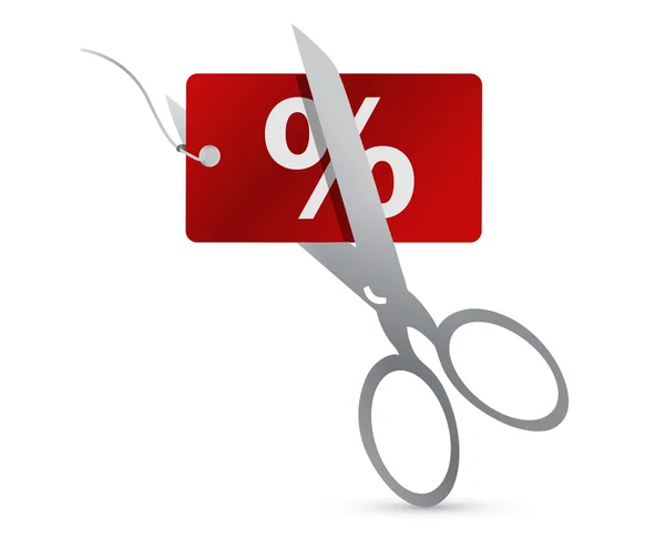A pair of utility scissors cut a red price tag in half for a sale. — Stock Photo, Image