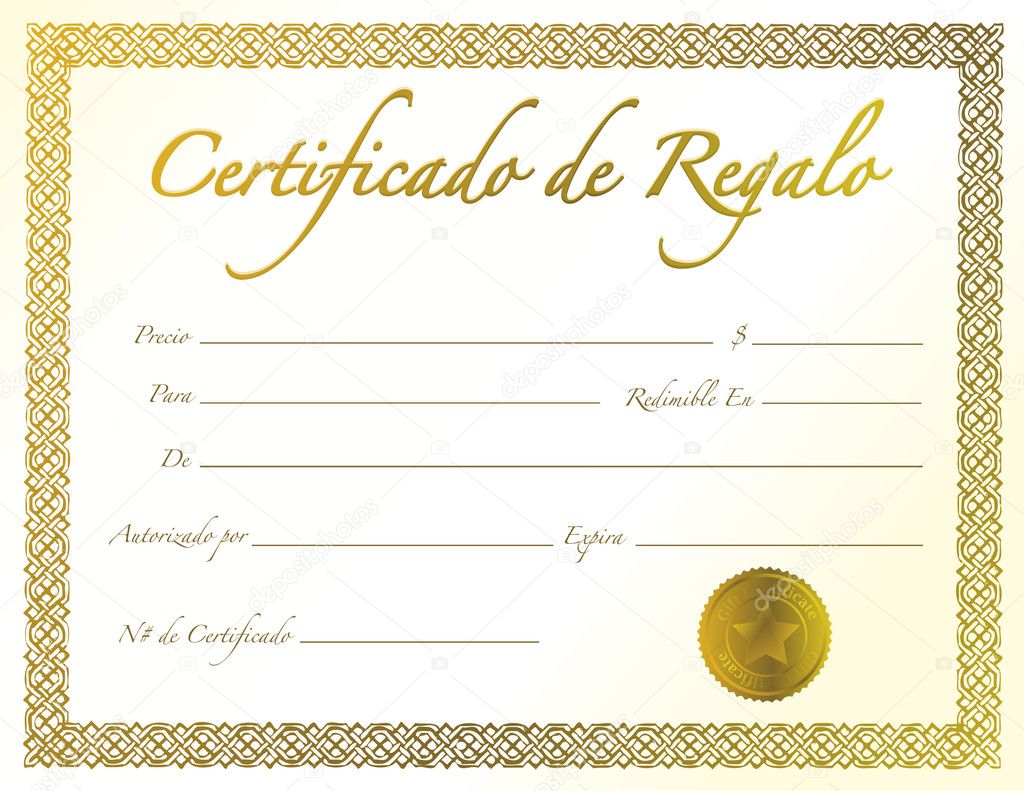 Spanish - Gold Gift Certificate with golden seal and design border.