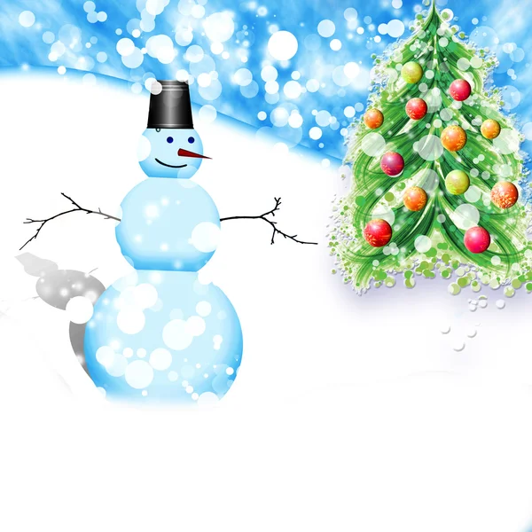 Vánoční sněhulák a vánoční stromeček — Stock fotografie