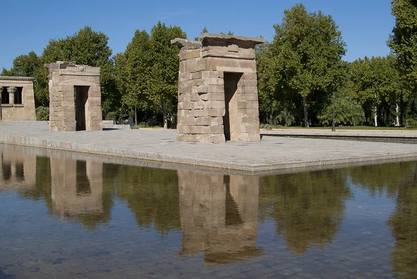 stock image Egyptian temple in Madrid reflected in water