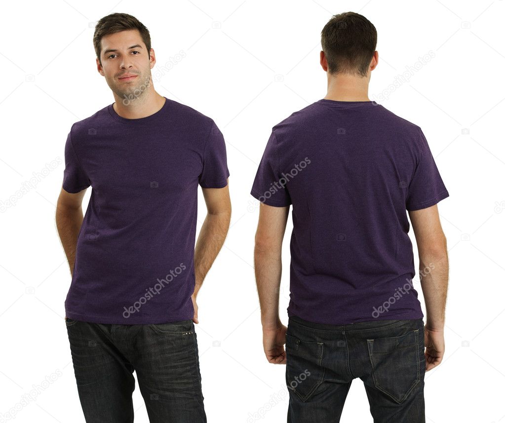 Male wearing blank purple shirt