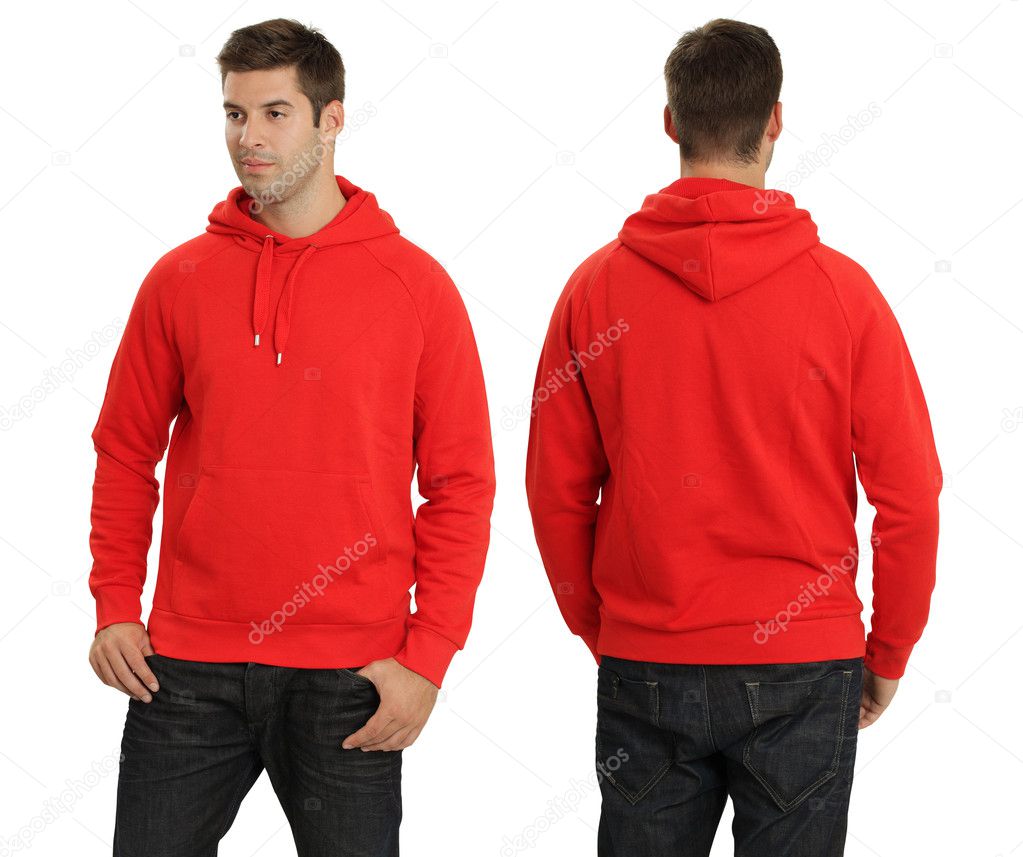 Male wearing blank red hoodie