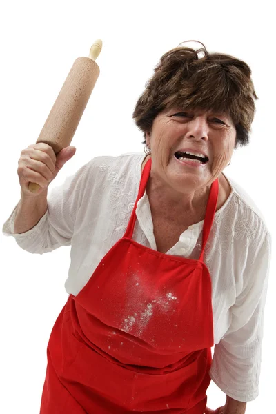 Angry woman with rolling pin — Stock Photo, Image