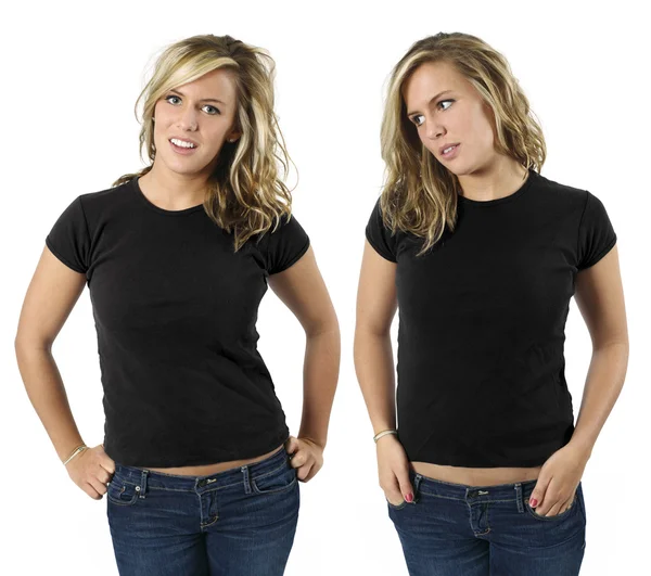 Female with blank black shirts — Stock Photo, Image