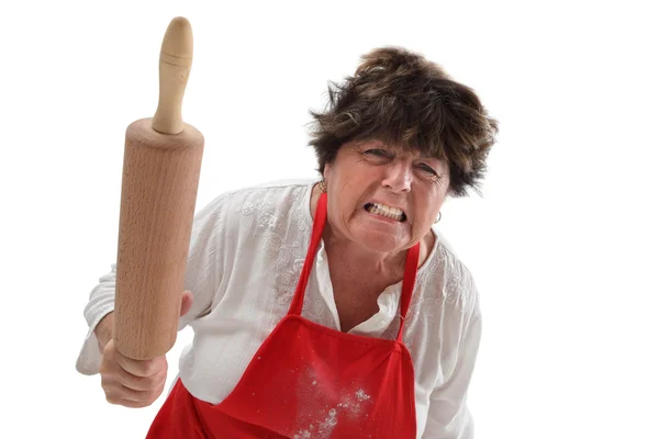 Angry grandmother with rolling pin — Stock Photo, Image