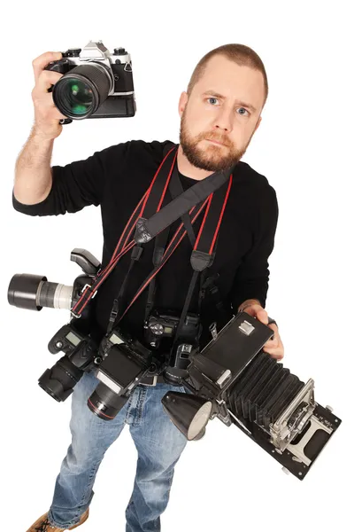 Fotógrafo com muitas câmeras — Fotografia de Stock