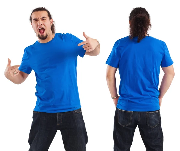 Male pointing at his blank blue shirt — Stock Photo, Image
