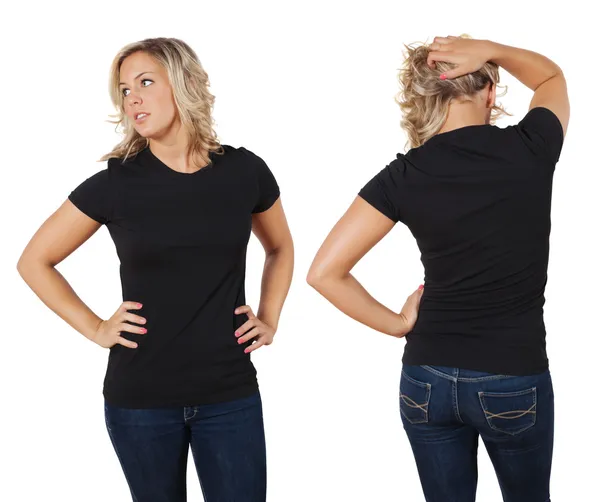 Female posing with blank black shirt — Stock Photo, Image