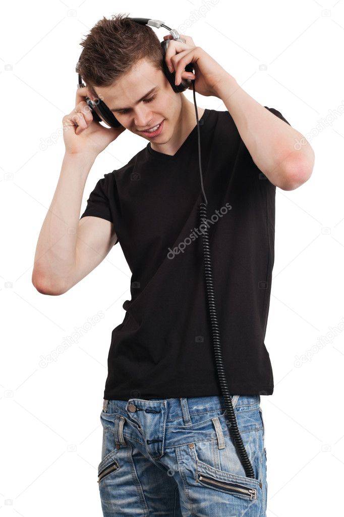 Young male listening to headphones