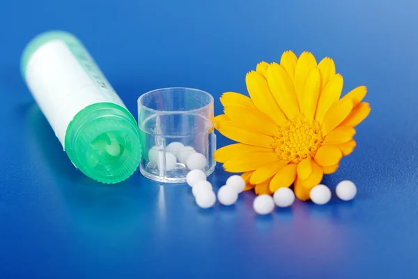 stock image Calendula Officinalis and homeopathic pills