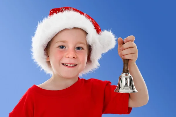 Happy child ringing bell on blue — Stock Photo, Image