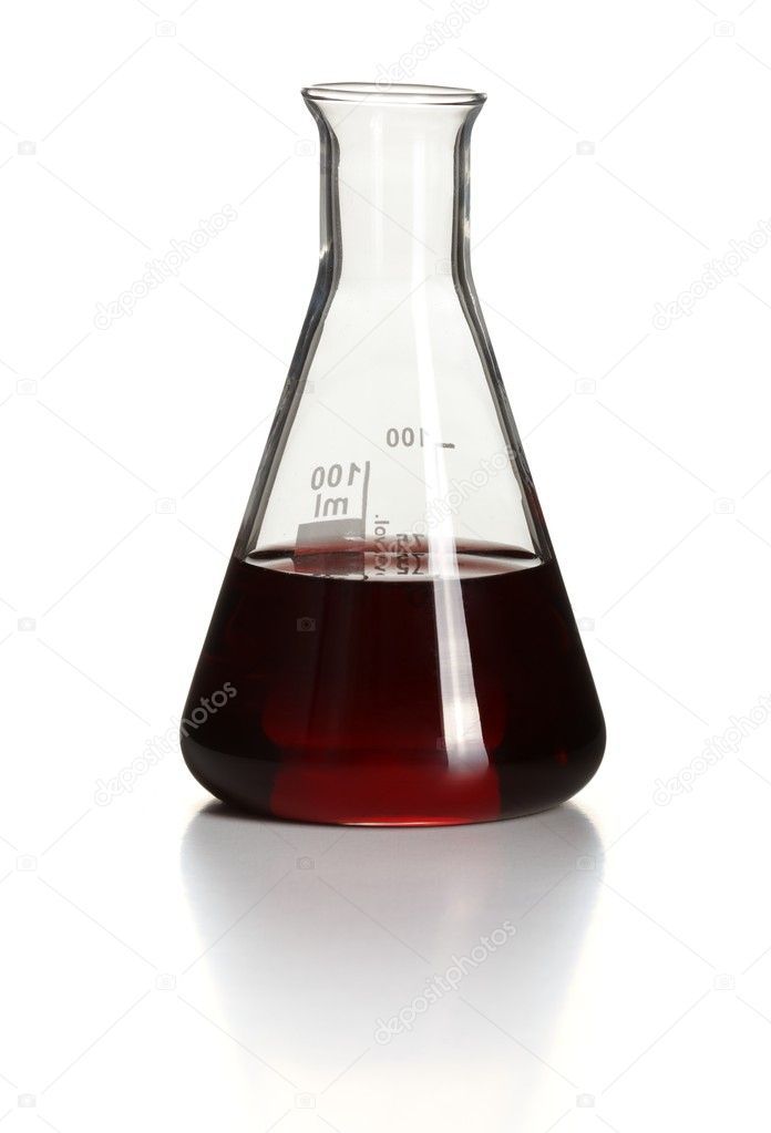 Erlenmeyer flask with red chemical inside