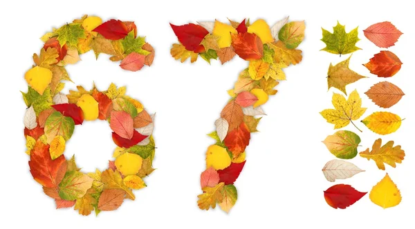 Números 6 e 7 feitos de folhas de outono — Fotografia de Stock