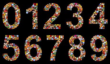 Numbers 0 to 9 made of assorted pills clipart