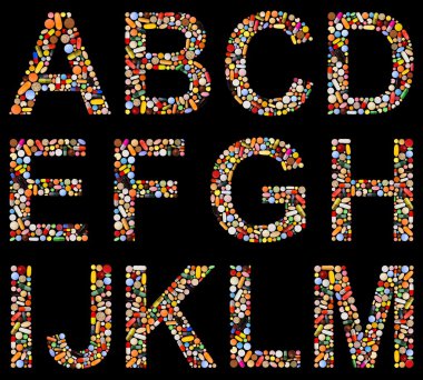 Letters A to M made of assorted pills clipart