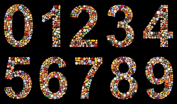Siffrorna 0 till 9 gjorda av diverse piller — Stockfoto