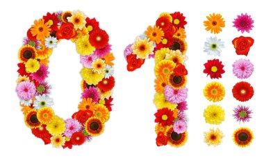 Numbers 0 and 1 made of various flowers clipart