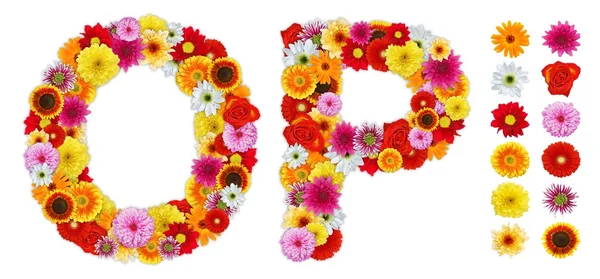 Tekens o en p gemaakt van verschillende bloemen — Stockfoto