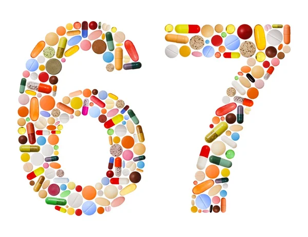 Nummer 6 och 7 av olika färgglada piller — Stockfoto