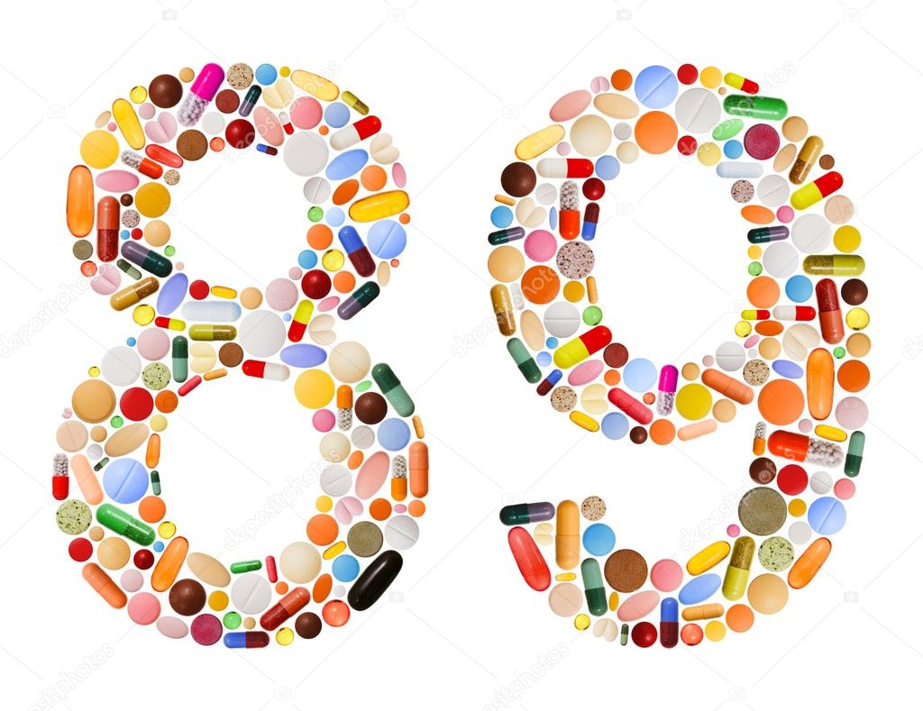 Numbers 8 and 9 made of various colorful pills