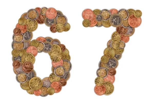 Numbers 6 and 7 made of Euro coins — Stock Photo, Image