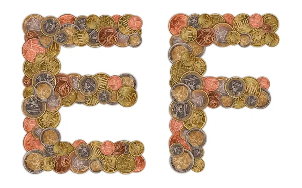 Znaki e i f, wykonane z monet euro — Zdjęcie stockowe