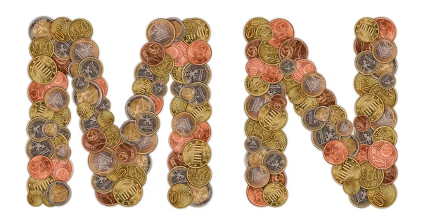字符 m 和 n 所作的欧元硬币 — 图库照片