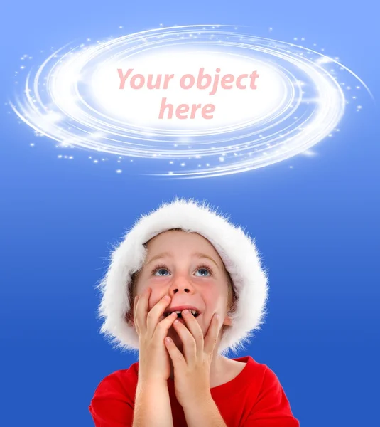Surprised boy looking up to object placeholder — Stock Photo, Image