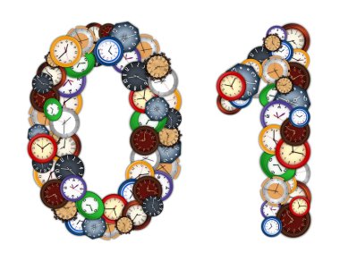 Numbers 0 and 1 made of various clocks clipart