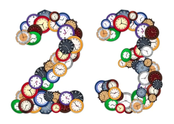 Zahlen 2 und 3 aus verschiedenen Uhren — Stockfoto