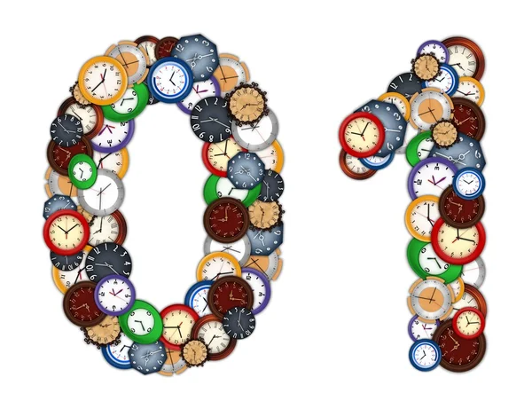Números 0 y 1 hechos de varios relojes — Foto de Stock