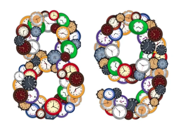Zahlen 8 und 9 aus verschiedenen Uhren — Stockfoto