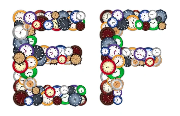 Characters E and F made of various clocks — Stock Photo, Image