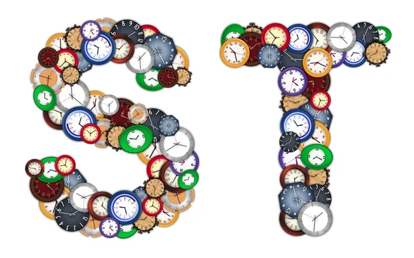 Characters S and T made of various clocks — Stock Photo, Image