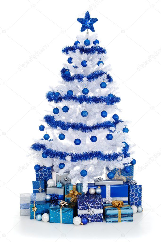 White Cristmas tree with blue decoration