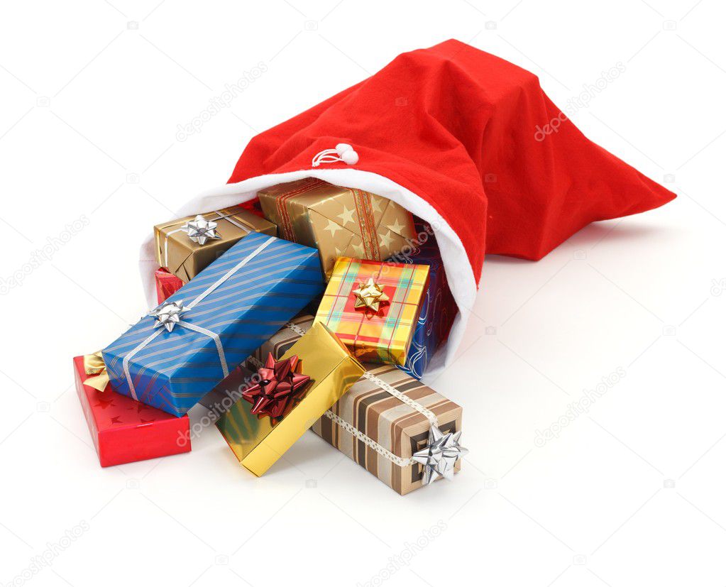 Lots of presents pouring from Santa bag
