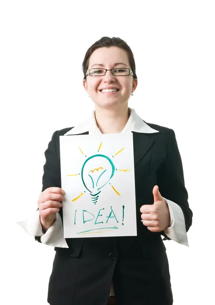 Obchodní žena držící myšlenka žárovka — Stock fotografie