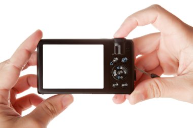 Hands holding digital photo camera clipart