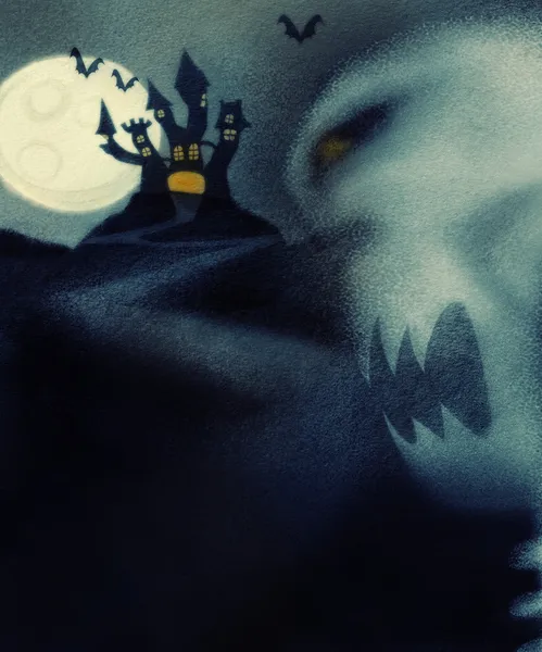 Хэллоуин тема с домом с привидениями и скелетом зла — стоковое фото